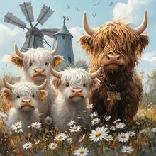 5D钻石画套装，高地牛家庭装饰画，圆形钻石刺绣艺术DIY，全钻石画布，钻石艺术马赛克工艺品手工礼品，适用于客厅、卧室、办公室，DIY十字绣墙饰，钻石图案可增加装饰乐趣，无框 - 彩色 - 查看 1