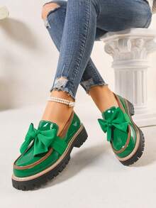 New Women's Loafers Thick Sole Spring/Autumn Fashion Versatile PU Outdoor Wear Bow Patent Leather Black Round Toe Slip-On Shoes - Green - View 2
