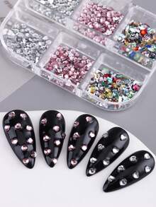 6格3D迷你彩色平底美甲水钻套装，包含各种形状的玻璃AB水晶宝石、粉色和透明玻璃心形平底钻石，DIY工艺装饰工具，适用于面部、衣物和指甲，美甲饰品，美甲用品