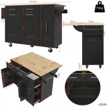 Modern Kitchen Island Table, Kitchen Cabinet, Buffet Cabinet, Wooden Dining Cart, Multifunctional Dining Table With Storage, Dining Cart With Snack Holder And Telescopic Functional Cabinet, Black - Black - View 5