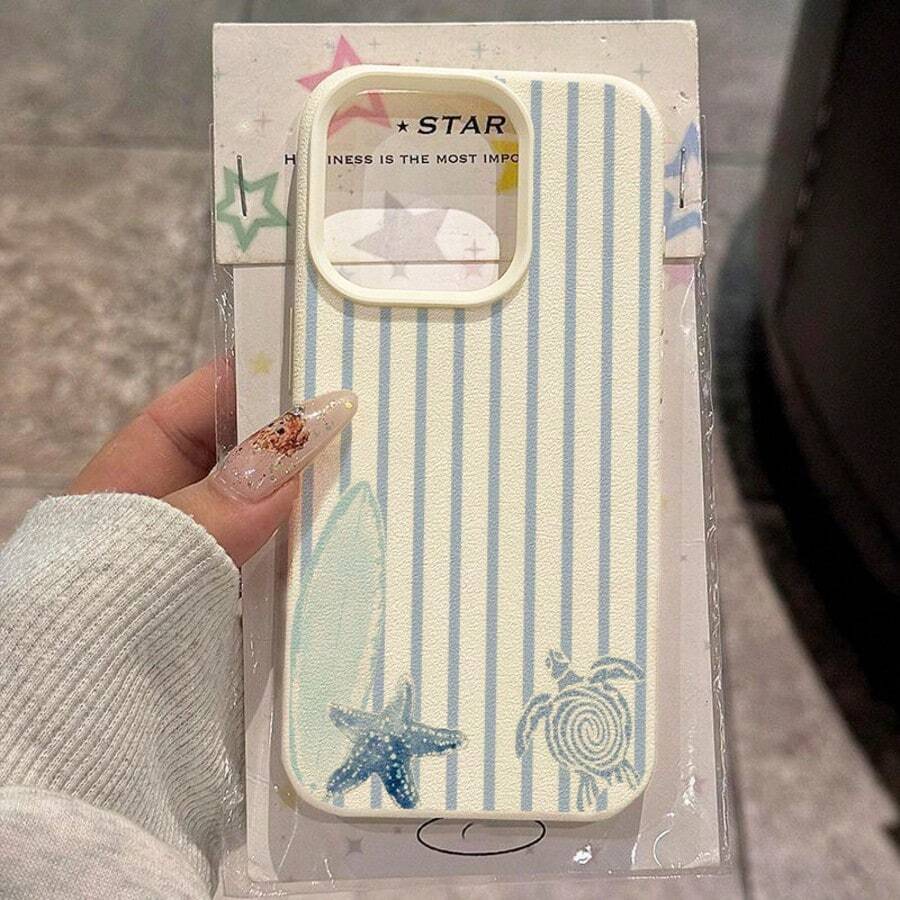 1 chiếc ốp lưng điện thoại bằng chất liệu TPU, họa tiết rùa biển và sao biển sọc xanh trắng, hình ván lướt sóng, tương thích với iPhone 17 Pro Max/17/16 Pro Max/15/13/12/11, S20 FE/A15/S24/A55, và Redmi Note 11/Note 12/Note 13 Pro, ốp bảo vệ toàn thân mềm mại. - trắng - Xem 1