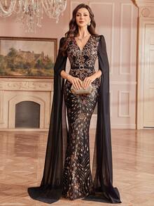 Women's Elegant Woven Floral Sequin Dress Wedding Black Spring - Black - View 1
