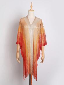 长款闪亮金色网纱沙滩围巾，多功能轻薄比基尼罩衫，时尚渐变流苏披肩，度假必备 - 彩色 - 查看 3