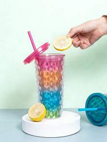 1个色彩缤纷的欧美创意菱形杯，时尚吸管杯，双层塑料水杯，漂亮的菱形吸管杯，适合家庭和办公室使用，非常适合冰咖啡和保持饮料冰爽。 - 彩色 - 查看 8