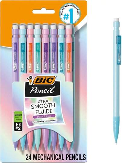 BIC Xtra-Smooth Pastel Mechanical Pencils With Erasers, Medium Point (0.7mm), 24-Count Pack, Bulk Mechanical Pencils For School Or Office Supplies