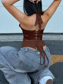 Áo corset ngắn bằng satin, thiết kế hở lưng với móc cài phía trước và dây buộc phía sau, có gọng nâng ngực, thích hợp cho các lễ hội âm nhạc và các buổi hòa nhạc đồng quê mùa hè. - Nâu sẫm - Xem 2