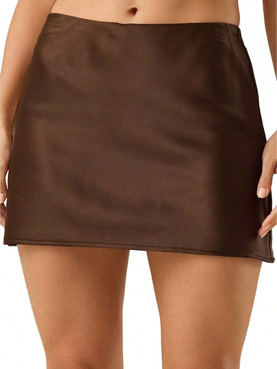 Womens Satin Mini Skirts Elastic High Waisted Skirts Silky Stain A-Line Zipper Party Club Skirt - 深棕 - 查看 1