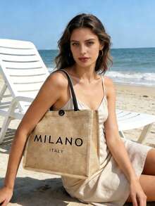 Bộ 4 túi đi biển, thiết kế in chữ "MILANO ITALY" độc đáo. Túi tote cỡ lớn tối giản kèm túi đựng mỹ phẩm di động, mũ chống nắng khoét lỗ mùa xuân/hè, kính râm hình trái tim màu đen, mũ xô phong cách Bohemian và mũ len rộng vành thoáng khí. Túi đựng mỹ phẩm di động. - Nhiều màu - Xem 3