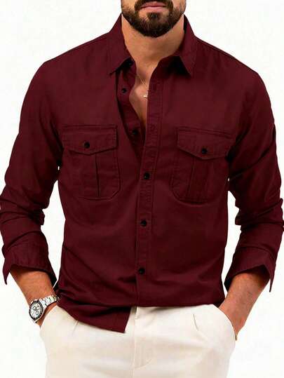 Men's Khaki Business Casual Long Sleeve Shirt, Solid Color Versatile Long Sleeve Button-Down Shirt