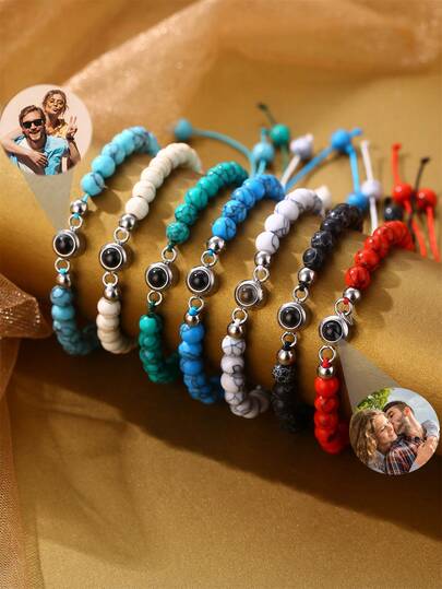 Custom Color Picture Projection Bracelet Turquoise Couple Beaded Jewelry For Girlfriend Lover Valentine Birthday Romantic Gifts