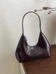 Tas Bahu Berbentuk Bulan Sabit dari Kulit Paten Merah Korea, Tas Lengan Bergaya untuk Wanita - Kopi - View 6