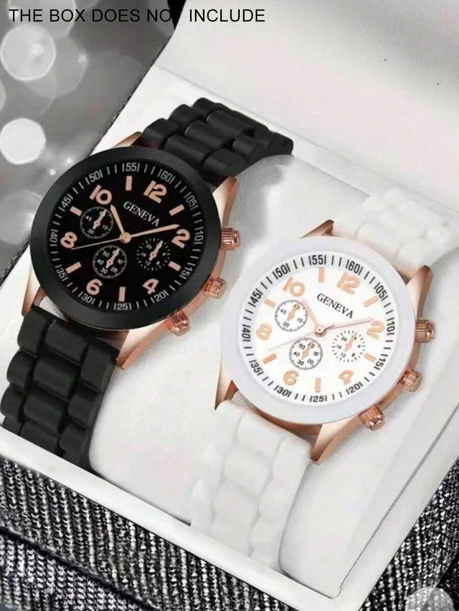 2pcs/Set Minimalist Casual Women's Quartz Watch, Fashion Gold Accessory Set (Includes Black & White Rubber Strap And Rose Gold Decorated Chronograph Dial Quartz Watch), Featuring Black & White Rubber Strap, Rose Gold Decorated Details And Chronograph Dial. Minimalist And Versatile Style Suitable For Various Outfits. - Multicolor - View 1