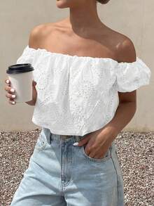 Women's Summer Off The Shoulder Tops 2026 Dressy Casual Puff Short Sleeve Embroidered Eyelet Cute Blouse Shirts - 白色 - 查看 1