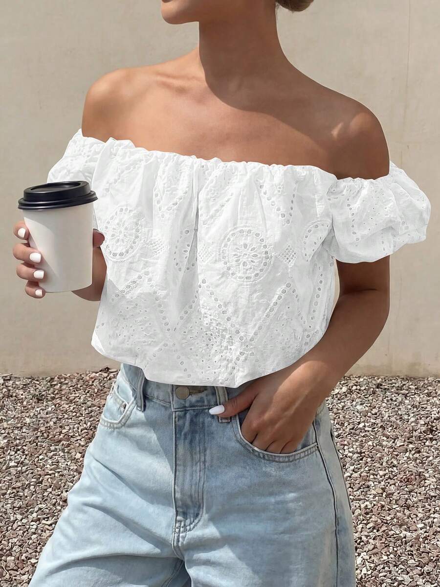 Women's Summer Off The Shoulder Tops 2026 Dressy Casual Puff Short Sleeve Embroidered Eyelet Cute Blouse Shirts - 白色 - 查看 1