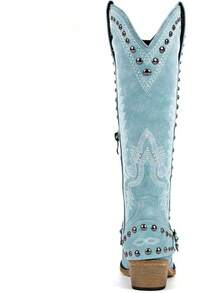 Women's Cowboy Boots, Knee-High Western Cowboy Boots, Embroidered Decorations, Belt Buckle Chain Design, Retro Western Style Fashion Women's Boots - Blue - View 4