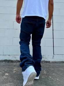 Quần jeans nam dáng vintage màu xanh nhạt, chất liệu co giãn, kiểu dáng thường ngày, phong cách đường phố Mỹ đa năng, phù hợp cho mùa xuân và mùa thu. - Rửa tối - Xem 2