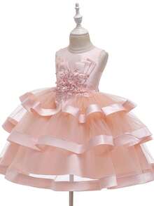 Girls' Floral Pink Layered Cake Tulle Princess Dress, Flower Girl Wedding Party Birthday Pageant Gown (Please Refer To The Size Chart In The Details To Select The Appropriate Size) - Pink - View 5