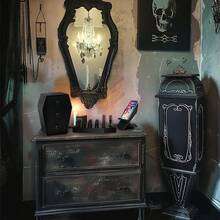 Suporte de Telefone Estilo Gótico em Formato de Caixão | Suporte de Telefone | Prateleira de Exibição de Telefone Gótico | Suporte de Telefone Assustador | Suporte de Telefone | Base de Carregamento de Telefone | Halloween | Decoração Gótica, Outono - Preto - Visão 3