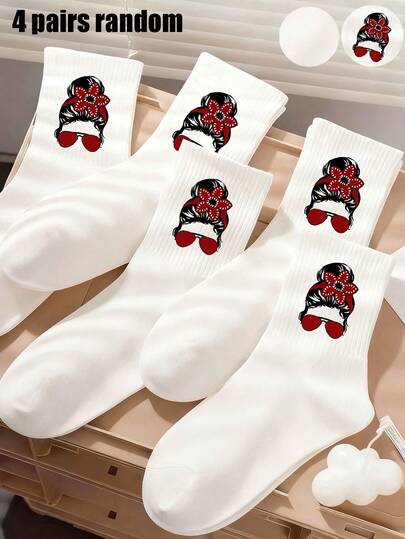 4双随机颜色白色船袜，儿童白色袜子，黑色船袜，趣味暗黑奇幻花朵图案男女童袜，复古恐怖陌生人设计男女通用船袜，复古情人节礼物，“妈妈不说谎”角色设计