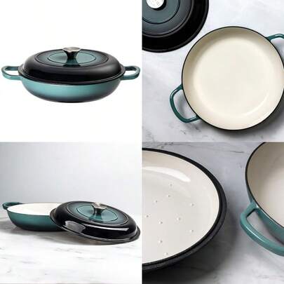Enamelled Cast Iron Shallow Casserole Dish 30cm Oven And Hob  Braiser Pan With Lid Durable Easy-Clean Finish Ideal For One-Pot Meals Roasting Stews And Slow Cooking Teal