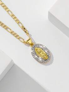 1pc Classic European Style Copper Inlaid Zirconia Guadalupe Virgin Mary Pendant Necklace, Limited Edition, Suitable As Gift For Christmas, Thanksgiving, Halloween, Mother's Day, Valentine's Day, Friends, Godparents, First Holy Communion, Daily Wear And Prayer - Yellow Gold - View 5