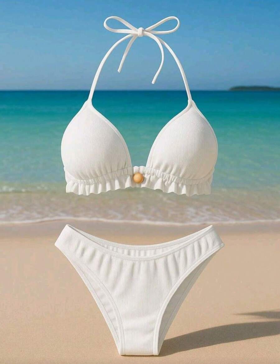 Women's Ribbed Bikini With Padded Cups And Lining - Summer Beachwear - trắng - Xem 1