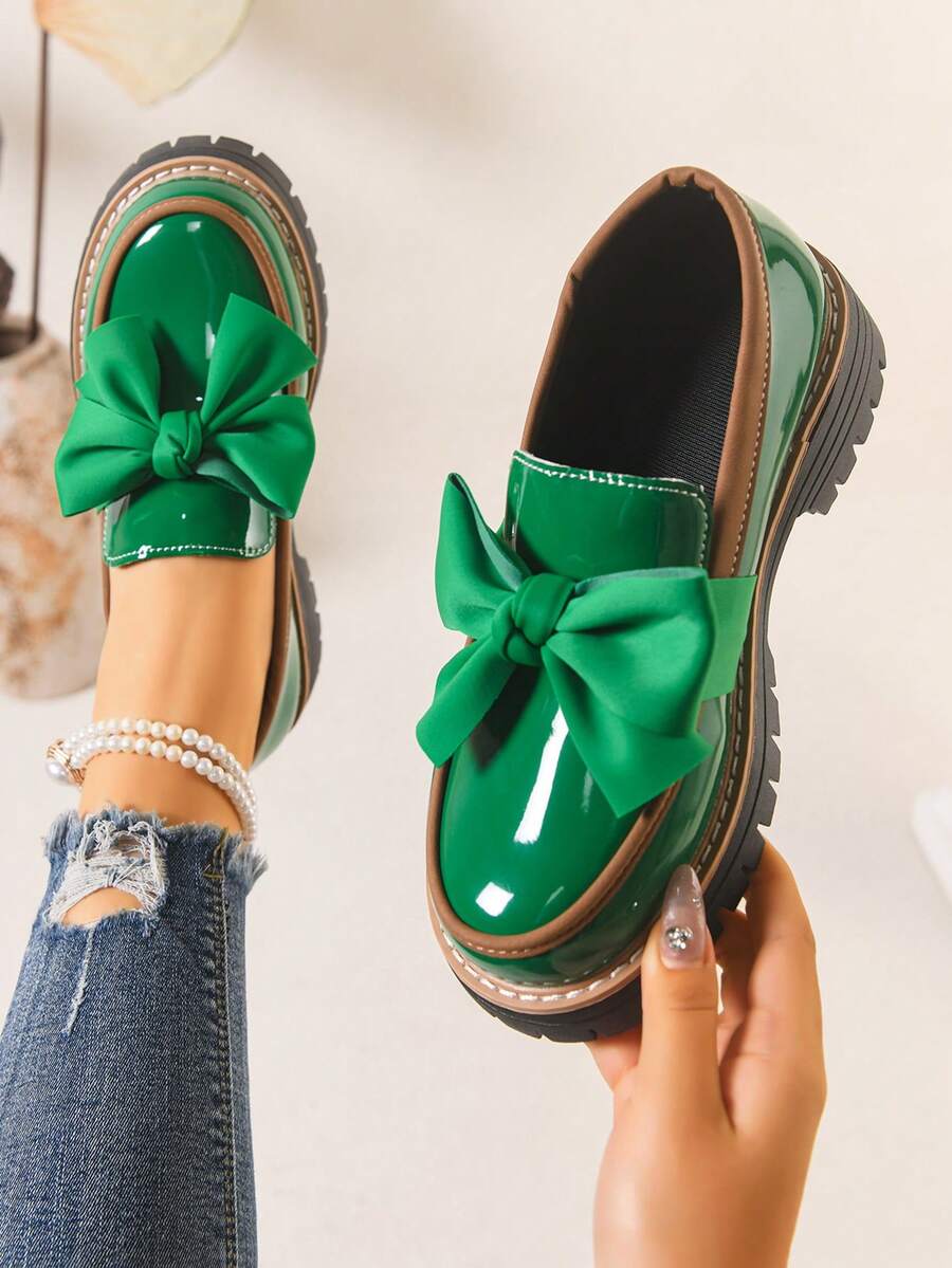 New Women's Loafers Thick Sole Spring/Autumn Fashion Versatile PU Outdoor Wear Bow Patent Leather Black Round Toe Slip-On Shoes - Green - View 1