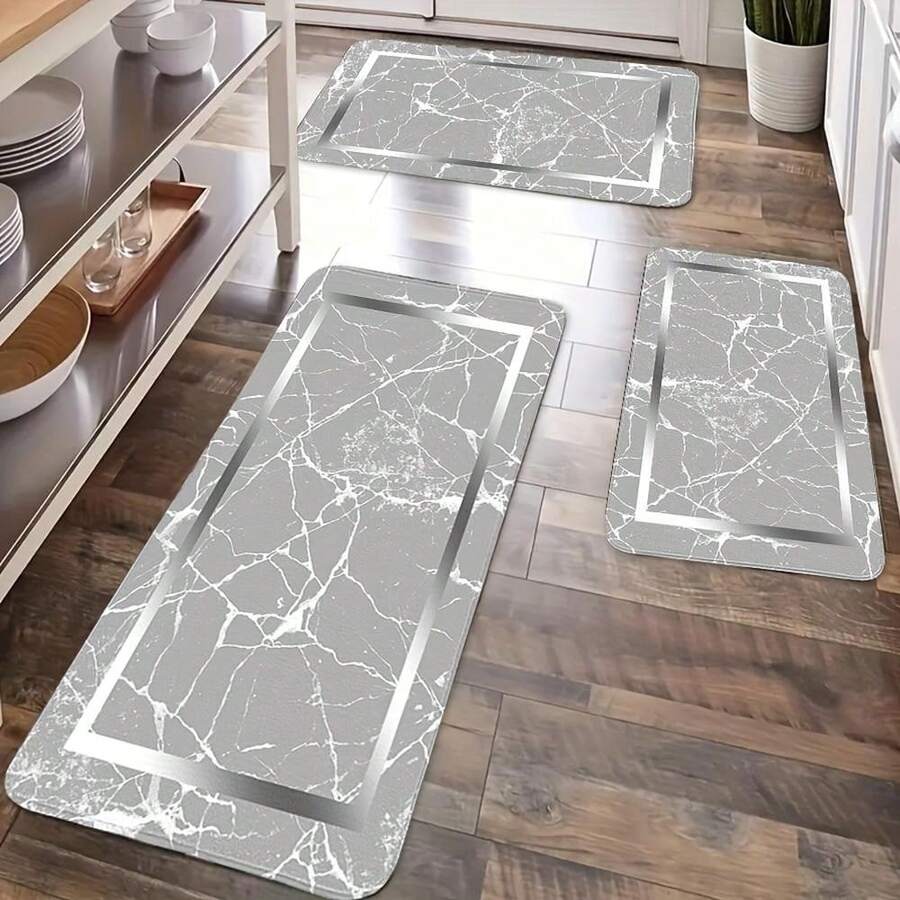 Or Marble Pattern - Soft Adhesive Backing (Suitable For &), Machine-Washable Rectangular Mat, Modern // Marble - Lightweight Polyester (15.75x23.62inch/19.69x31.5inch/17.72x47.24inch) - White - View 1