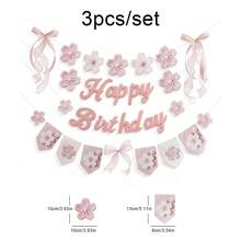 儿童男孩女孩粉色樱花生日派对装饰背景横幅蝴蝶结字母三角旗 - 彩色 - 查看 3