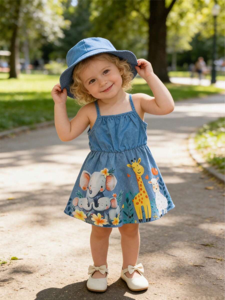 Girls Blue Sleeveless Cartoon Animal Print Dress + Sun Hat Set, Cute Casual Summer Outfit For Toddlers - Blue - View 1