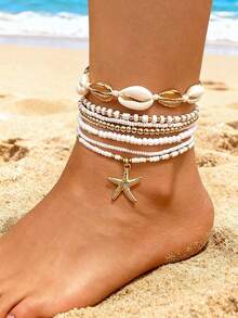 7pcs Bohemian Style Beachy Sea Star, Shell And Rice Bead Elastic Anklet Set, Summer - Multicolor - View 3