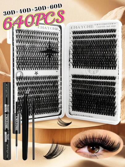 640PCS D-Type Curling DIY Single-Lash Set, 10-100D, 10-16mm, 3D Synthetic Lashes, Russian Curling Synthetic Lashes Set, Including Adhesive And Sealant As Well As Lash Application Tools, Comfortable And Non-Irritating, Waterproof