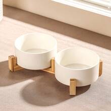 Ceramic Dog/Cat Bowl With Wooden Stand, Non-Slip Heavy Duty Pet Food & Water Bowl Set For Cats And Small Dogs - 550-980ml - View 1