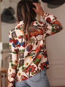 Women's Long Sleeve Shirt With Vibrant Floral Pattern, Fashion Stand Collar Polyester Front Button Blouse Vacation Spring - Multicolor - View 4