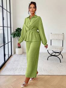 2pcs Women Summer Casual Minimalist Daily Collared Twist Waist Shirt And Relaxed Pants Set, Suitable For Home And Commute - Grass Green - View 5