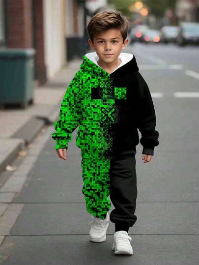 2 件套男童休闲宽松舒适长袖连帽运动服，适合秋冬季，块状印花服装，男童块状连帽衫，儿童卡通块状运动裤，男童黑色服装，幼儿块状服装