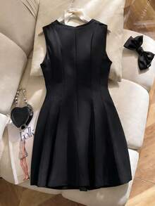优雅简约圆领无袖收腰短款蝴蝶结连衣裙，复古风格，适合少女夏季穿着 - 黑色 - 查看 2