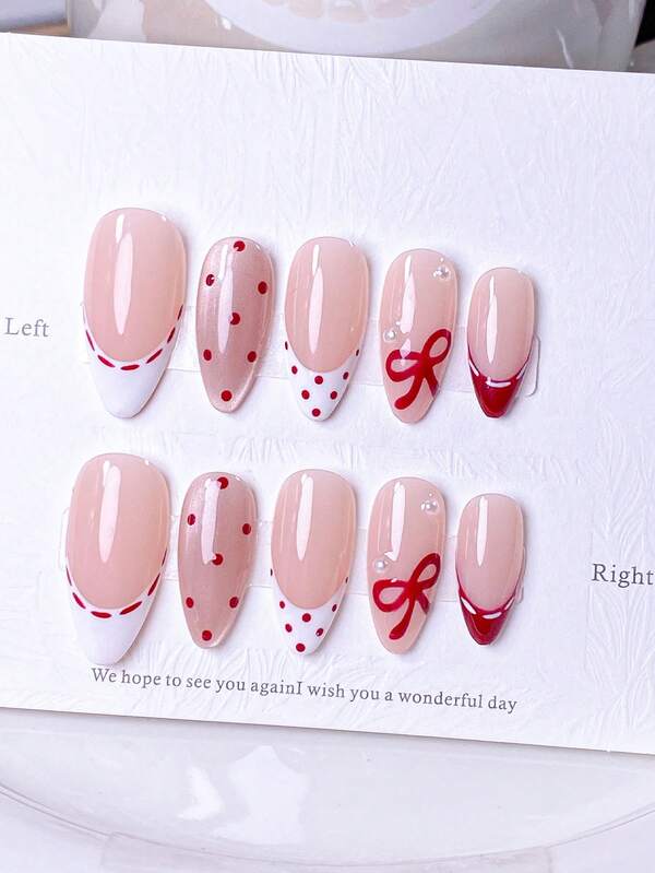 10 Pieces Of Handcrafted Press-On Short Nails, Polka Dot Nails, Short Nails, French Nail Tips, Brown Nails, Red Nails, Black Nails, White Nails, Pink Nails, Blue Nails, Cute Nails, Best-Selling Handcrafted Five-Pointed Stars, Hand-Molded Three-Dimensional Five-Petal Flowers And Smudged Small Flowers, 3D Ladybugs And Bow Decorations On The Nail Surface, With Nail Art Tools Included, Suitable For Almond-Shaped Nail Stickers For Ladies And Girls. Nail Supplies