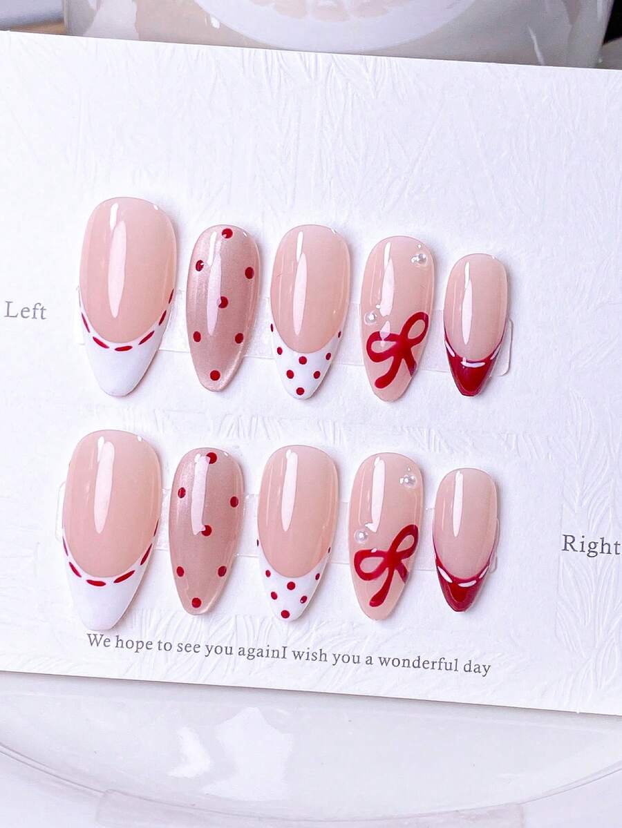 10片手工制作的按压式短指甲贴，波点美甲贴，法式美甲贴纸，棕色、红色、黑色、白色、粉色、蓝色美甲贴，可爱美甲贴，畅销手工五角星，3D瓢虫蝴蝶结装饰杏仁形美甲贴纸，适合女性和女孩，包含美甲工具