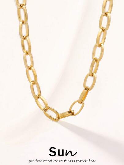 1件装不锈钢几何椭圆项链，男女皆宜，时尚简约，18K镀金链项链首饰
