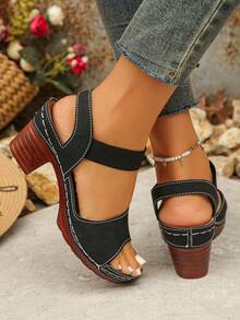Plus Size 36-43 European & American Style Summer New Fashion Open Toe Plus Size Sandals, Slip-On Thick Heel Increased Height Ladies High Heel Sandals, Black & Brown - Black Matte - View 5