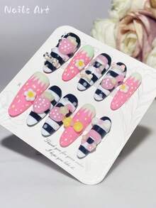 1 片手工制作的按压式美甲贴片，Y2K 风格，假指甲，长椭圆形指甲，3D 指甲，可爱指甲，草莓按压式指甲贴片，波点假指甲，黑白条纹图案，情人节美甲贴片，高端品质，可重复使用，适合女性和女孩日常或节日佩戴，也是一份不错的礼物。 - 淺粉色 - 查看 3