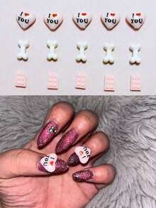 30件装情人节可爱甜美日式粉色巧克力爱心石音符十字架白骨美甲饰品八音符摆件手机壳打火机耳机装饰用品发夹手饰串珠DIY手工手链配件 - 彩色 - 查看 2