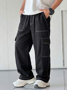 1pc Young BoyTrendy Streetwear Style Straight Leg Cargo Pants With Decorative Seam And Multi-Pockets Design - Black - View 5