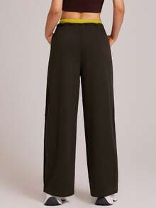 VUTRU High Waist Contrast Waistband Sports Wide Leg Pants, Casual Straight Leg Trousers
