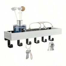 1 pieza Organizador de pared montado en la pared de madera vintage con 6 ganchos, estante de almacenamiento flotante y soporte para llaves/correo. Organizador de entrada de estilo nórdico minimalista con bandeja de madera, multiusos para cocina, dormitorio, baño y pasillo. Decoración del hogar ideal, adecuado como regalo de Navidad, Año Nuevo, cumpleaños, Día de la Madre para amigos y madres. - Multicolor - Ver 10