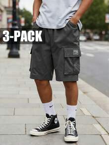 Pack de 3 pantalones cortos cargo para hombre | Pantalones cortos casuales, versátiles y de moda para el verano | Bolsillos múltiples con cordón ajustable | Pantalones cortos deportivos de estilo urbano para hombre - Azul + Gris + Negro - Ver 4