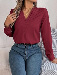 Women's Elegant Commuter Casual Solid Color V-Neck Long Sleeve Shirt, Spring/Summer - Burgundy - View 6