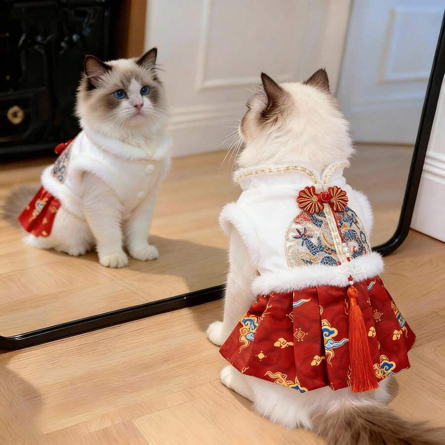 1 pieza Ropa para perros y gatos de estilo princesa chino Tang, adecuada para perros y gatos pequeños, para otoño/invierno - Rojo - Ver 1