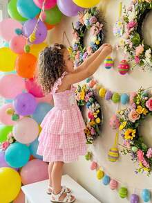 Toddler Baby Girl Easter Dress Smocked Flutter Sleeve Square Neck Rabbit Embroidery Plaid Tiered Birthday Party Dress Summer Clothes - Hồng - Xem 7